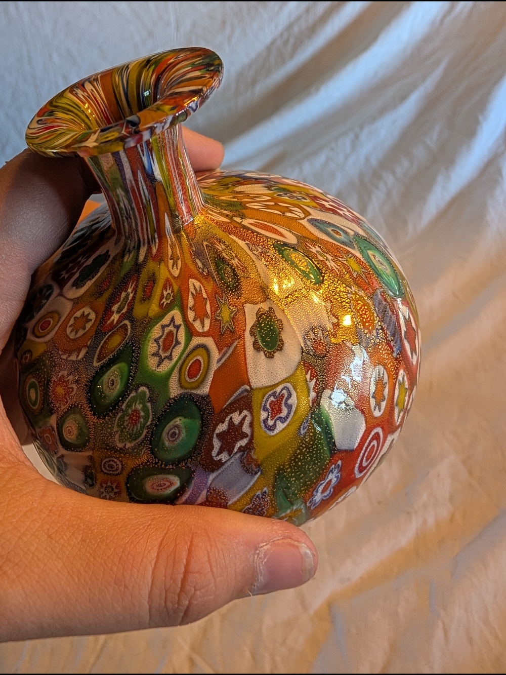 Murano Multicolor Millefiori Glass Vase with Green and Orange Accents - Picture 2 of 7